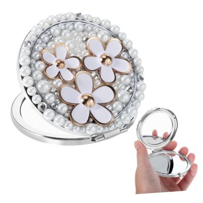 Healeved Mini Mirror for Purse Double-Sided Compact Mirror Unique Flower and Pearl Design