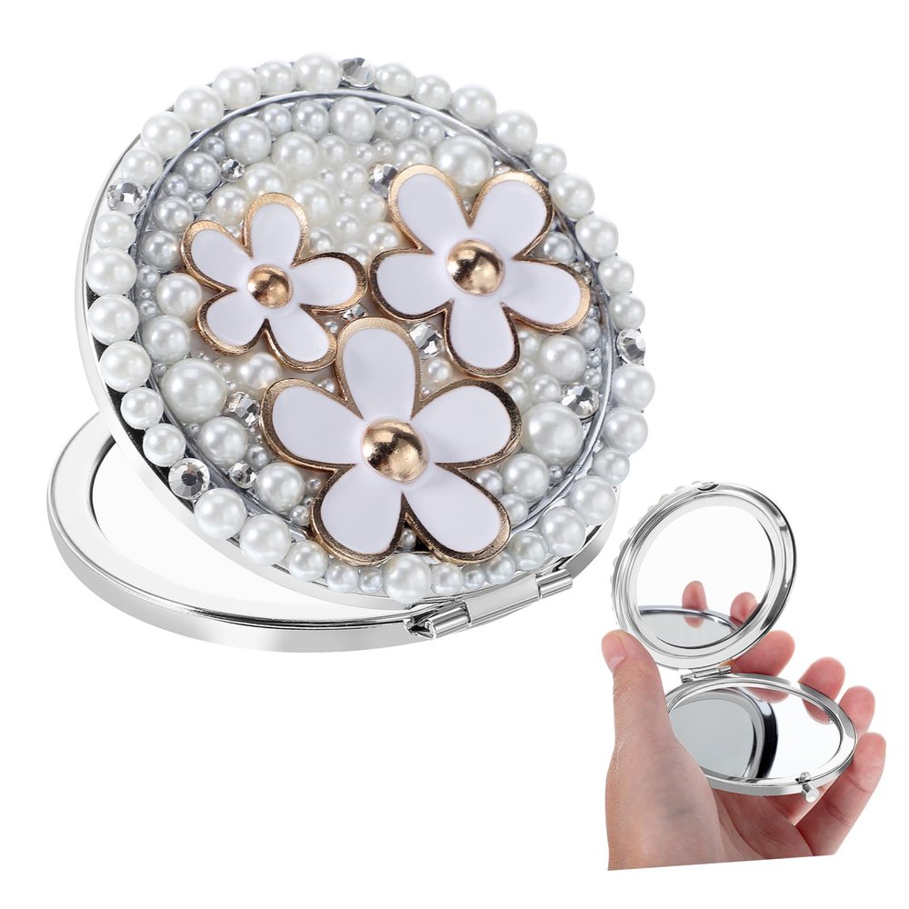 Healeved Mini Mirror for Purse Double-Sided Compact Mirror Unique Flower and Pearl Design