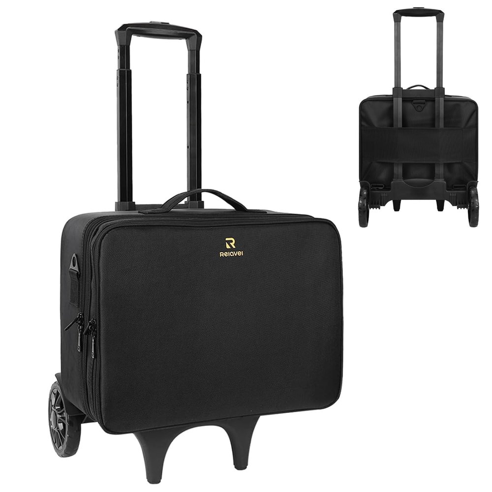 Relavel Extra Large Makeup Case with Folding Hand Truck, Large Makeup Organizer Bag with Adjustable Dividers, Lightweight Dolly Cart with 2 Big Wheels, Makeup Artist Kit