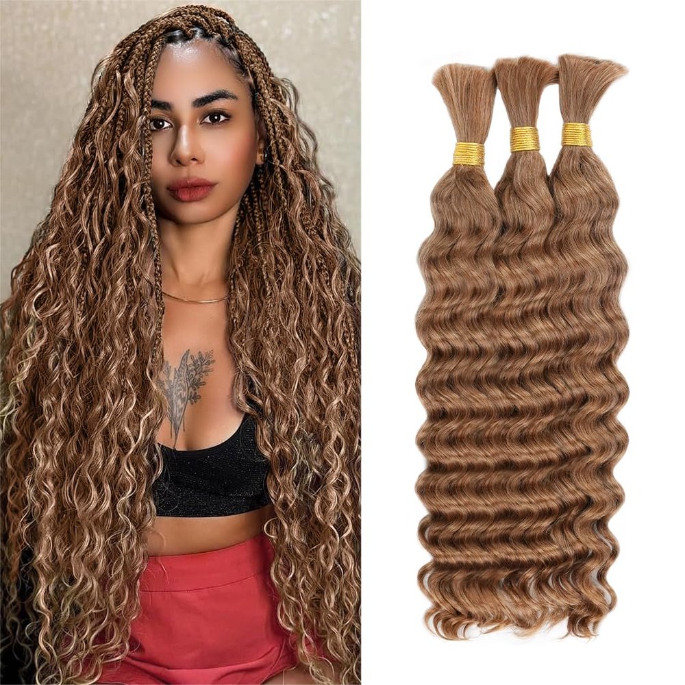 Deep Wave Human Braiding Hair for Boho Braids 26 Inch 120g 3 Bundles/Pack Honey Blonde, 100% Unprocessed 12A Brazilian Virgin Hair Bulk, No Weft, Wet & Wavy Curly Knotless Extensions