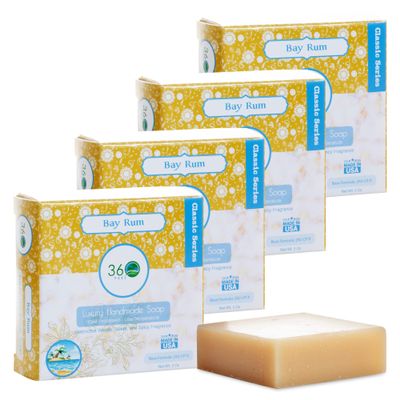 360 Feel Bay Rum Bar Soap - Made in the USA - Castile Handmade , All-Natural, Cold-Processed - Bay Rum Essential Oil - Moisturizing with a Spicy Scent - Calm - Rich, Creamy Lather - (5oz, 4-Pack)