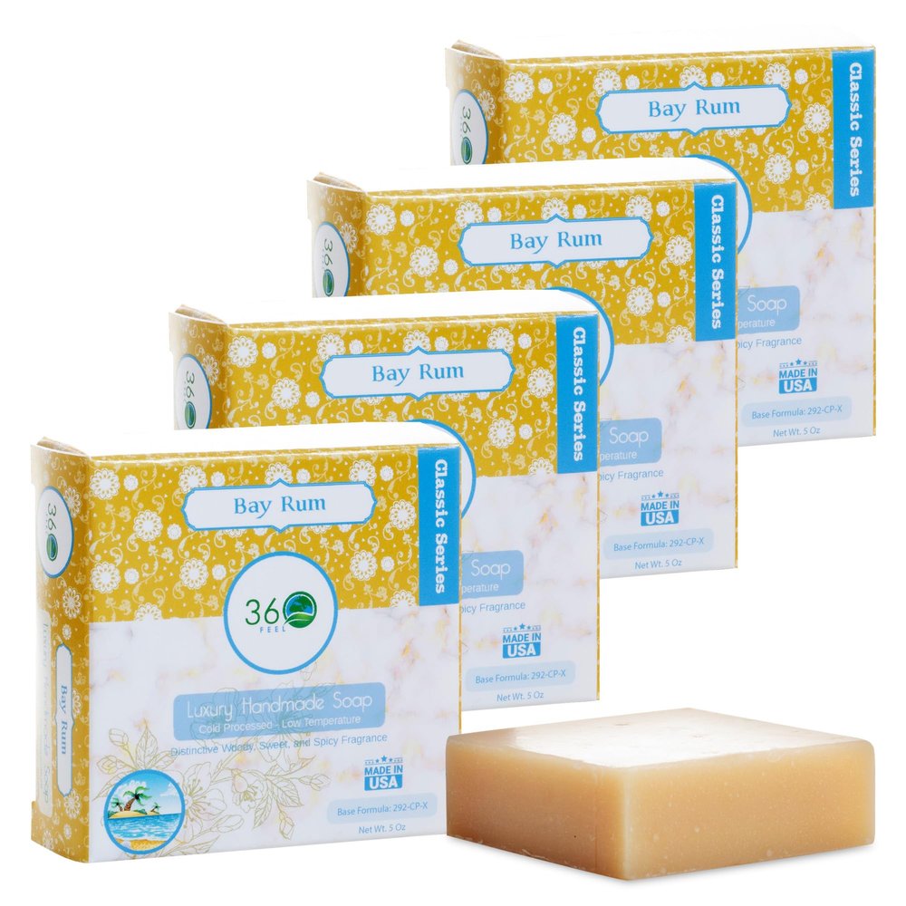 360 Feel Bay Rum Bar Soap - Made in the USA - Castile Handmade , All-Natural, Cold-Processed - Bay Rum Essential Oil - Moisturizing with a Spicy Scent - Calm - Rich, Creamy Lather - (5oz, 4-Pack)