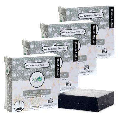 360 Feel Pine Tar Bar Soap - Made in the USA - Castile Handmade, All-Natural, Cold-Processed - Infused with Artisanal Scent for Relaxation & Calm - Rich, Creamy Lather - (5oz, 4-Pack)
