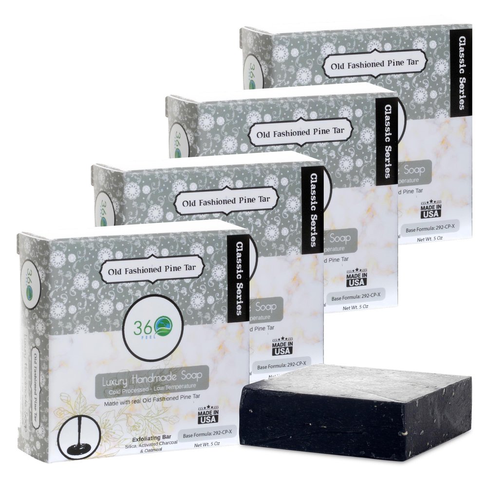 360 Feel Pine Tar Bar Soap - Made in the USA - Castile Handmade, All-Natural, Cold-Processed - Infused with Artisanal Scent for Relaxation & Calm - Rich, Creamy Lather - (5oz, 4-Pack)