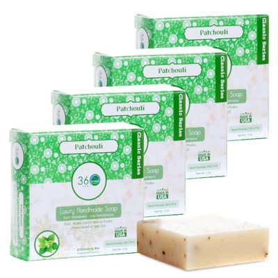 360 Feel Patchouli Bar Soap - Made in the USA - Castile Handmade All Natural Cold Processed - Infused with Artisanal Scent for Relaxation & Calm - Rich, Creamy Lather (5oz, 4-Pack)