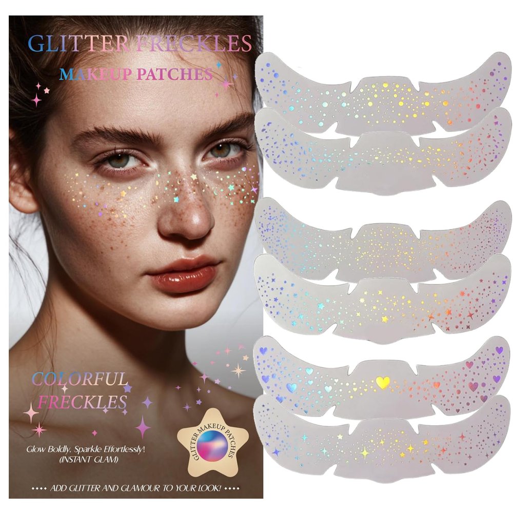 Glitter Freckles, Holographic Face and Body Glitter Tattoo Sparkle for Women Gold Glow Cosmetic Star Makeup Accessories for Festival Rave (Holographic)
