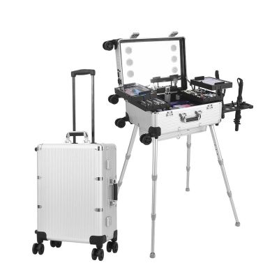 QUGURLID 22in Makeup Train Case, Aluminum Trolley Makeup Train Case w/8 LED Light, Professional Cosmetic Organizer Studio w/Stand for Makeup Artist Hairstylist (Silver)