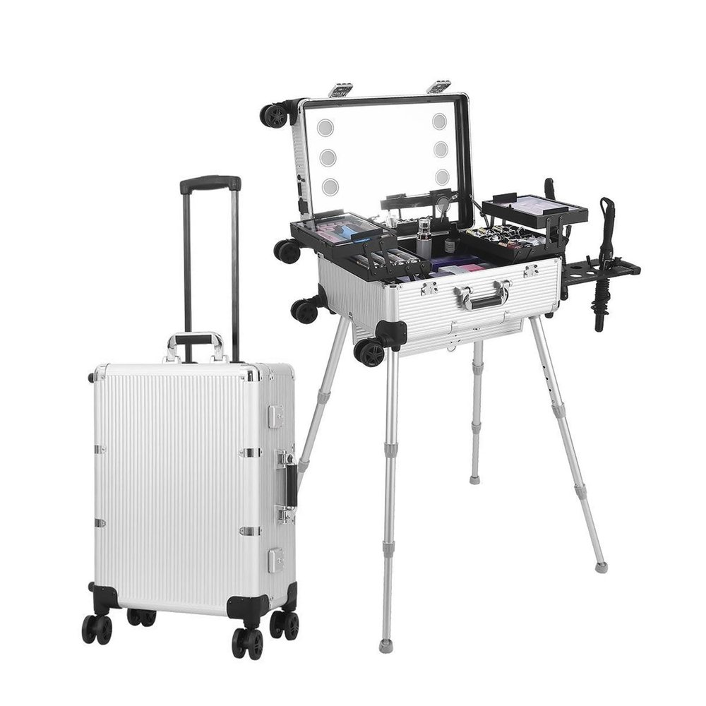 QUGURLID 22in Makeup Train Case, Aluminum Trolley Makeup Train Case w/8 LED Light, Professional Cosmetic Organizer Studio w/Stand for Makeup Artist Hairstylist (Silver)