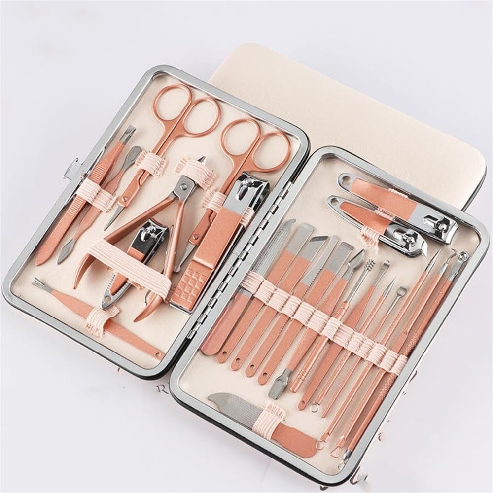 17/24-Piece Stainless Steel Manicure Pedicure Set with Travel Case, Nail Clippers, Scissors & Ear Spoon  Complete Nail Tools Kit for Hand, Foot, and Facial Care