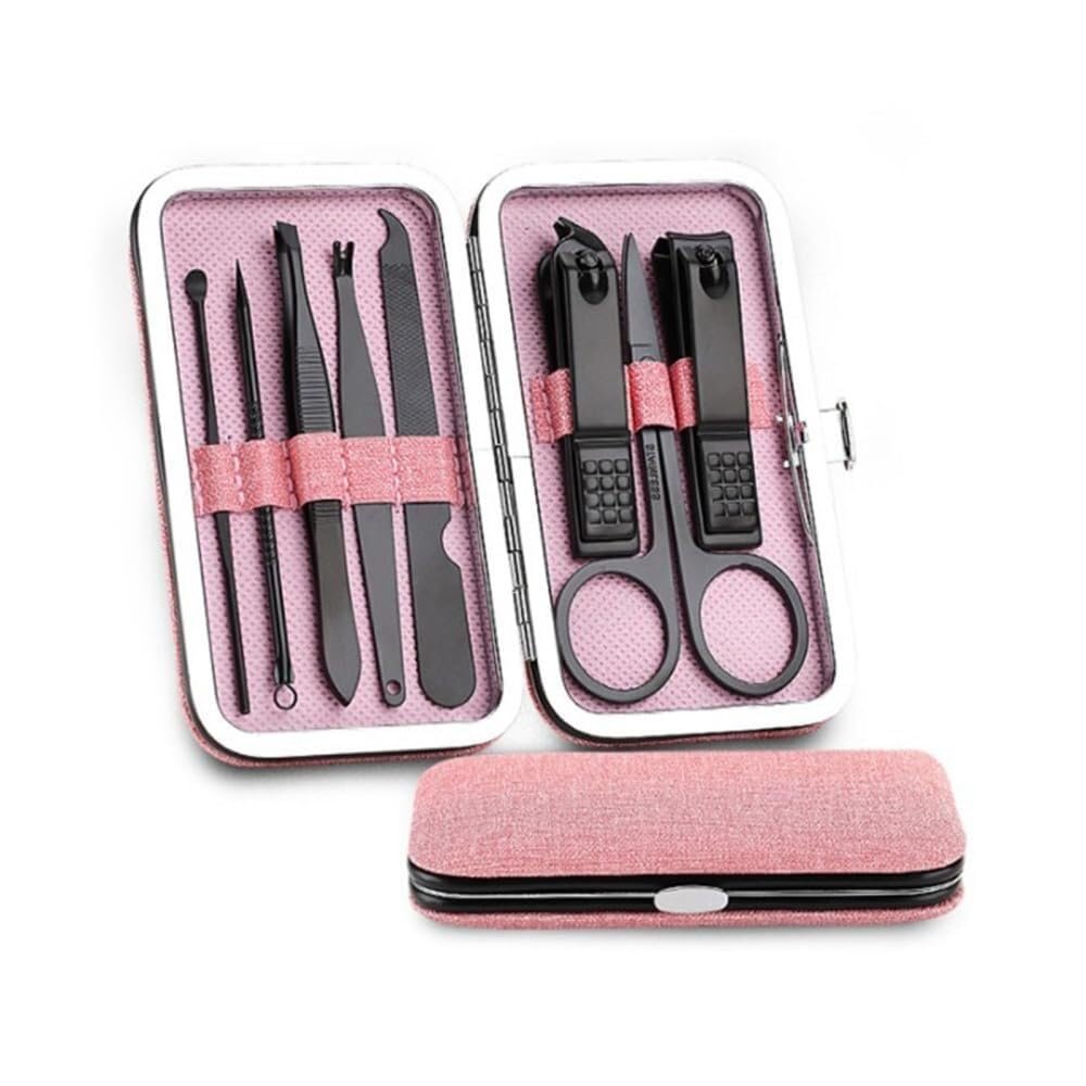 Manicure Cutters Nail Clipper Set, 8 Pcs Stainless Steel Pedicure Kit with Nail Scissors, Ear Spoon, and Trimmer, Portable Leather Case, Blue Inside