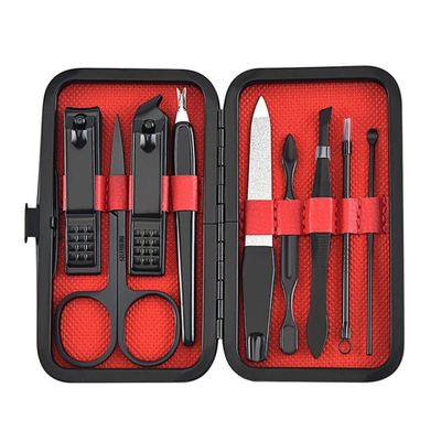8-Piece Nail Clipper Set with Toenail Nippers, Dead Skin Dirt Remover & Pedicure Tools  Stainless Steel with Portable Case, Black (9-Piece Red Set)