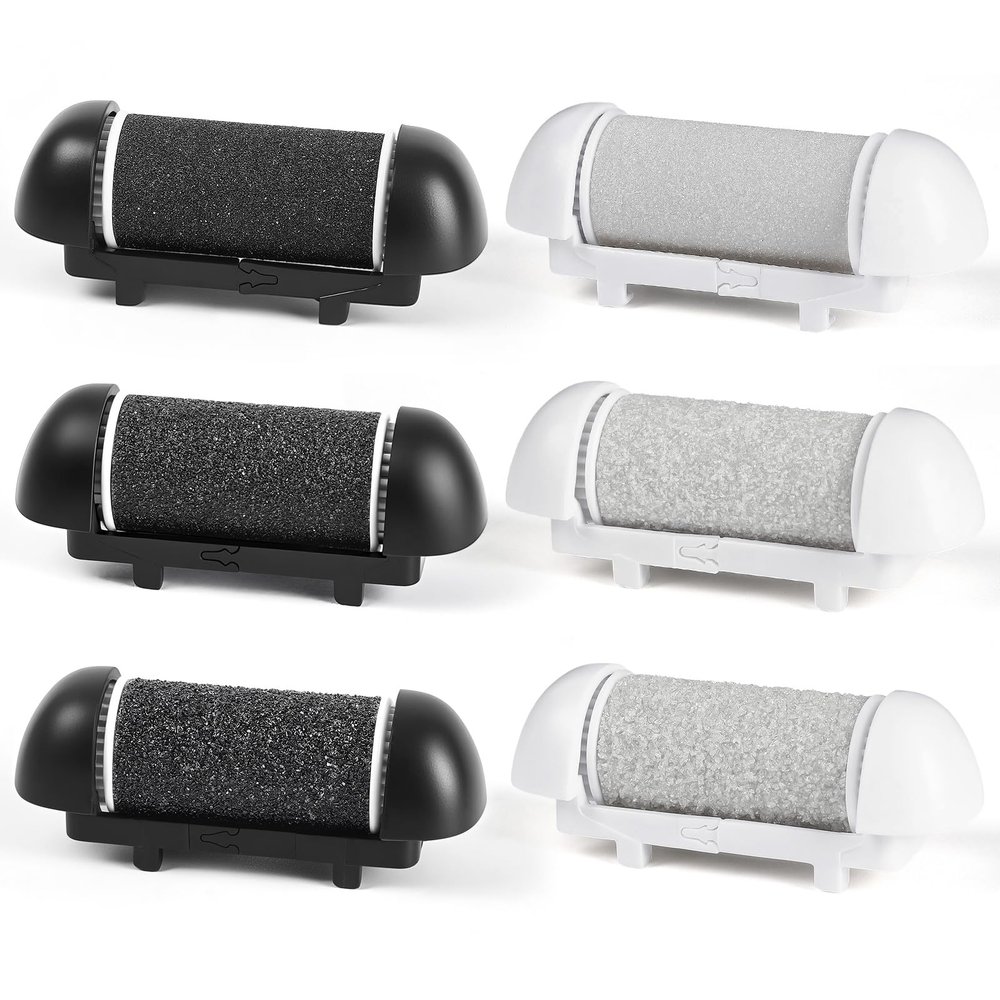 6pcs Replacement Roller Refill Heads for Electric Callus Remover,Feet Pedicure Kit Refill Rollers, 2 Extra Coarse, 2 Regular Coarse, 2 Fine Coarse Refill Rollers (Black and White)