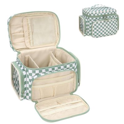 Bagmoly Large Checkered Makeup Bag, Portable Travel Makeup Bag Organizer for Women Girls with Makeup Brush Compartment & Two Side Pockets, Cosmetic Travel Bag Vertical Storage Toiletry Bag- Green1