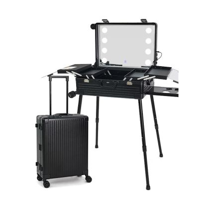 QUGURLID Rolling Makeup Train Case, Aluminum Ligthed Makeup Train Case w/LED Lights Cosmetic Organizer Studio,Lockable Makeup Cosmetic Storage Case (24in)