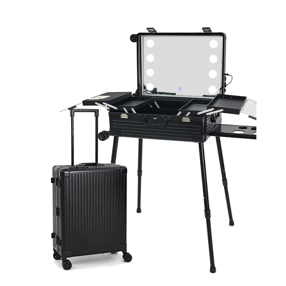 QUGURLID Rolling Makeup Train Case, Aluminum Ligthed Makeup Train Case w/LED Lights Cosmetic Organizer Studio,Lockable Makeup Cosmetic Storage Case (24in)