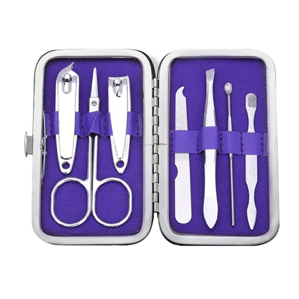 7-in-1 Manicure Set Carbon Steel Pedicure Kit, Nail Scissors Grooming Kit with Leather Travel Case, Portable and Ergonomic Design, Red (Purple)