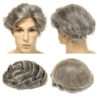 Topunique Mens Swiss Lace Human Hair Piece, #365 Dark Brown with 65% Gray Hair 110% Medium Density 8x10 Inch Base Size Single-Knotted Invisible Hairline Toupee for Men
