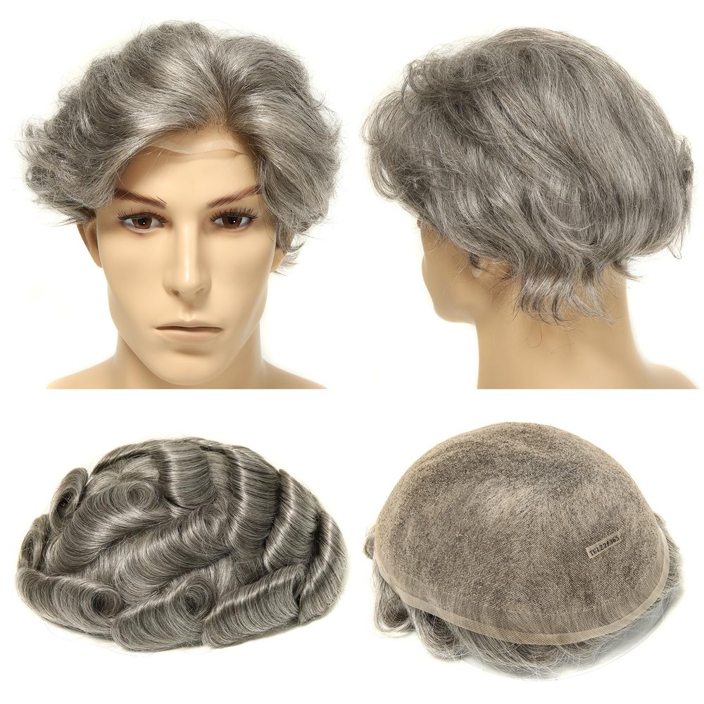 Topunique Mens Swiss Lace Human Hair Piece, #365 Dark Brown with 65% Gray Hair 110% Medium Density 8x10 Inch Base Size Single-Knotted Invisible Hairline Toupee for Men