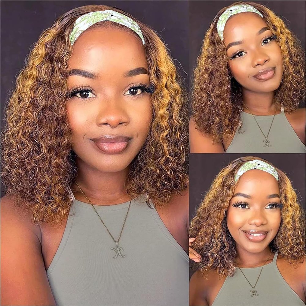 Maytune Highlight Ombre Headband Wig Human Hair Deep Wave 4/27 Glueless Water Wave Head band Wigs Human Hair for Black Women Brazilian Virgin Highlight Curly Headband Wig Human Hair 14 Inch