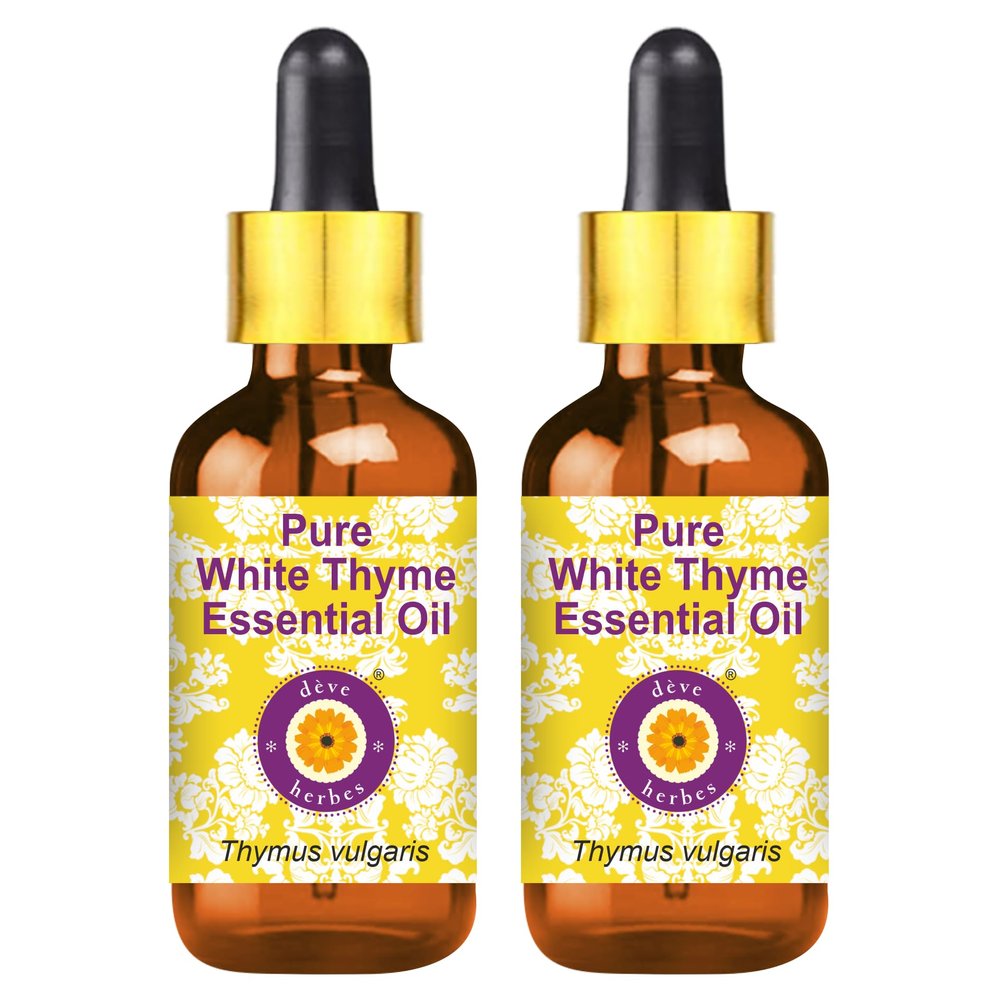 dve herbes Pure White Thyme Essential Oil (Thymus vulgaris) with Glass Dropper Natural Therapeutic Grade Steam Distilled (Pack of Two) 100mlx2 (6.76 oz)