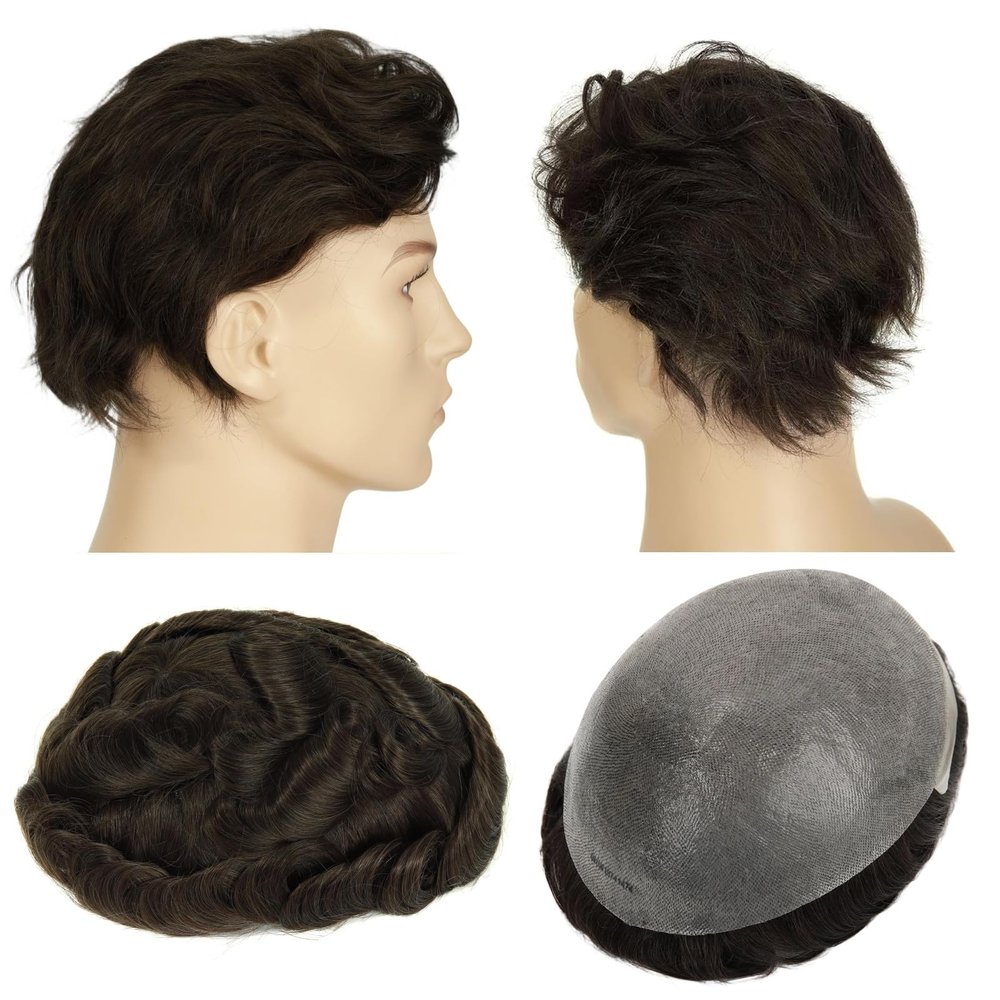Topunique 0.06mm Thin Skin Toupee Hair for Men, 8x10 Inch PU Base with Knotless V-Looped Invisible Hairline 100% Medium Density #4 Medium Brown