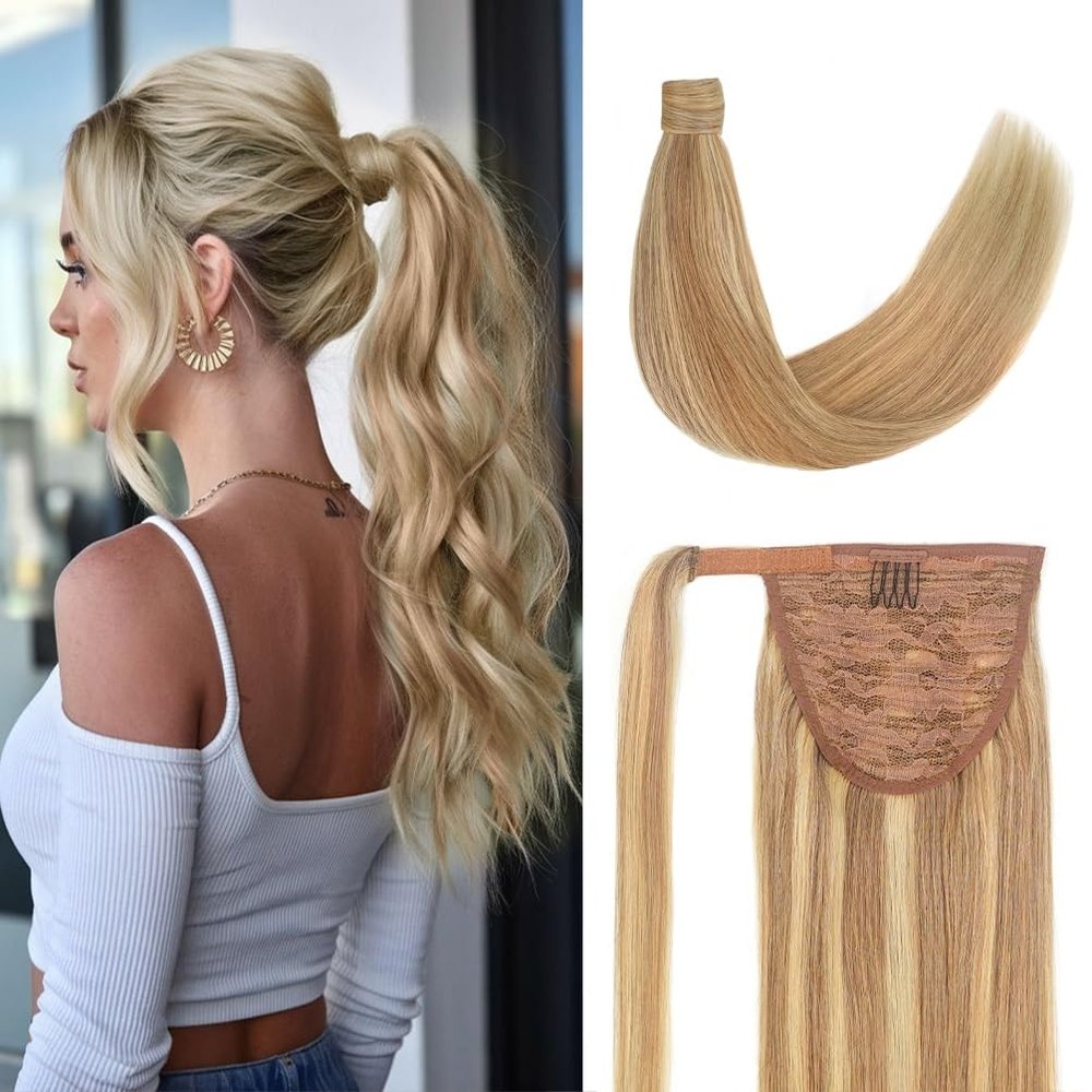 20 Inch Human Hair Ponytail 80g Long Wrap Around Ponytail Ash Blonde Bleach Blonde Real Hair Ponytail Extension for Women(20inch,80g Ash Blonde-Bleach Blonde)