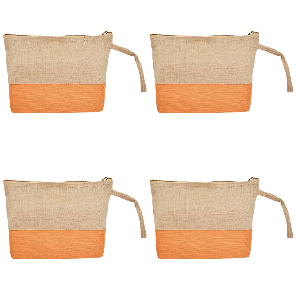 Jucobee 4-Pack Orange Jute Organizer Pouches Multipurpose Zippered Bags for Makeup & Toiletries | Raw-Finish Interior, Sturdy & Convenient for Travel 5.9 H x 9.45 W x 2.95 B
