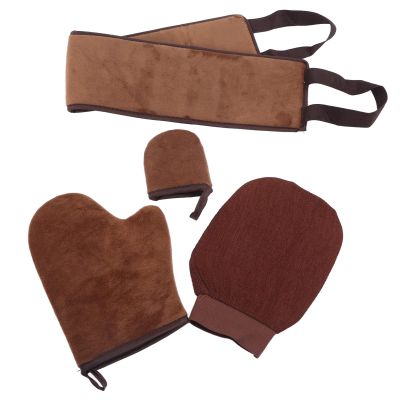 4 Pcs Self Tanning Mitt Set, Reversible Mini Gloves with Exfoliating Soft Flocking, Easy to Apply for Even Sun Kissed Skin, Includes Mini and Large Gloves, Strap and Bag