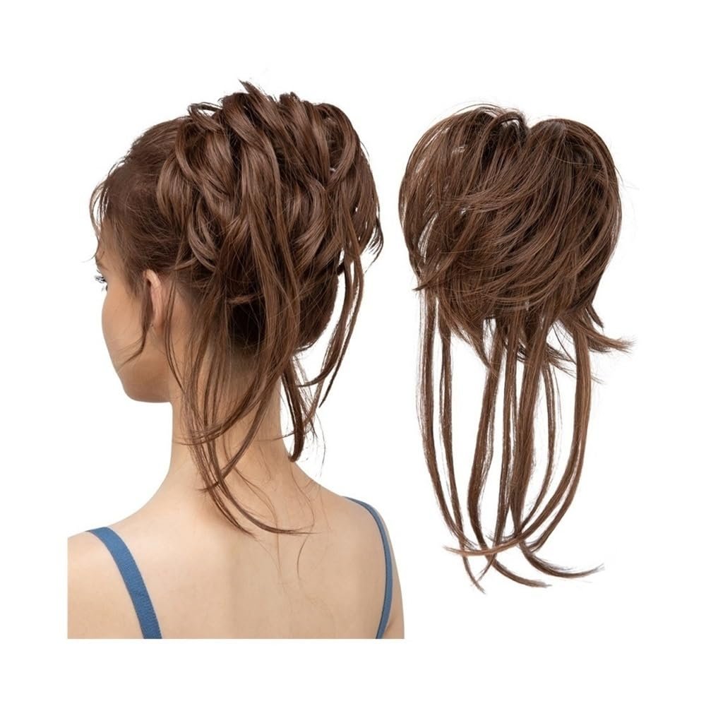 ZHONGCHENGWU Hair Buns, Synthetic Elastic Messy Bun Hairpieces Curly Scrunchie Black Blonde Brown Chignon Band Updo Donut For Women Fake Hair Hairpieces For Women(Light Brown)