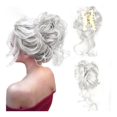 ZHONGCHENGWU Hair Buns, Fluffy Messy Hair Bun Ring Ball Head Coil Wig Grab Clip Long Beard Braid Hair Accessory Hairpieces For Women(Silver white)
