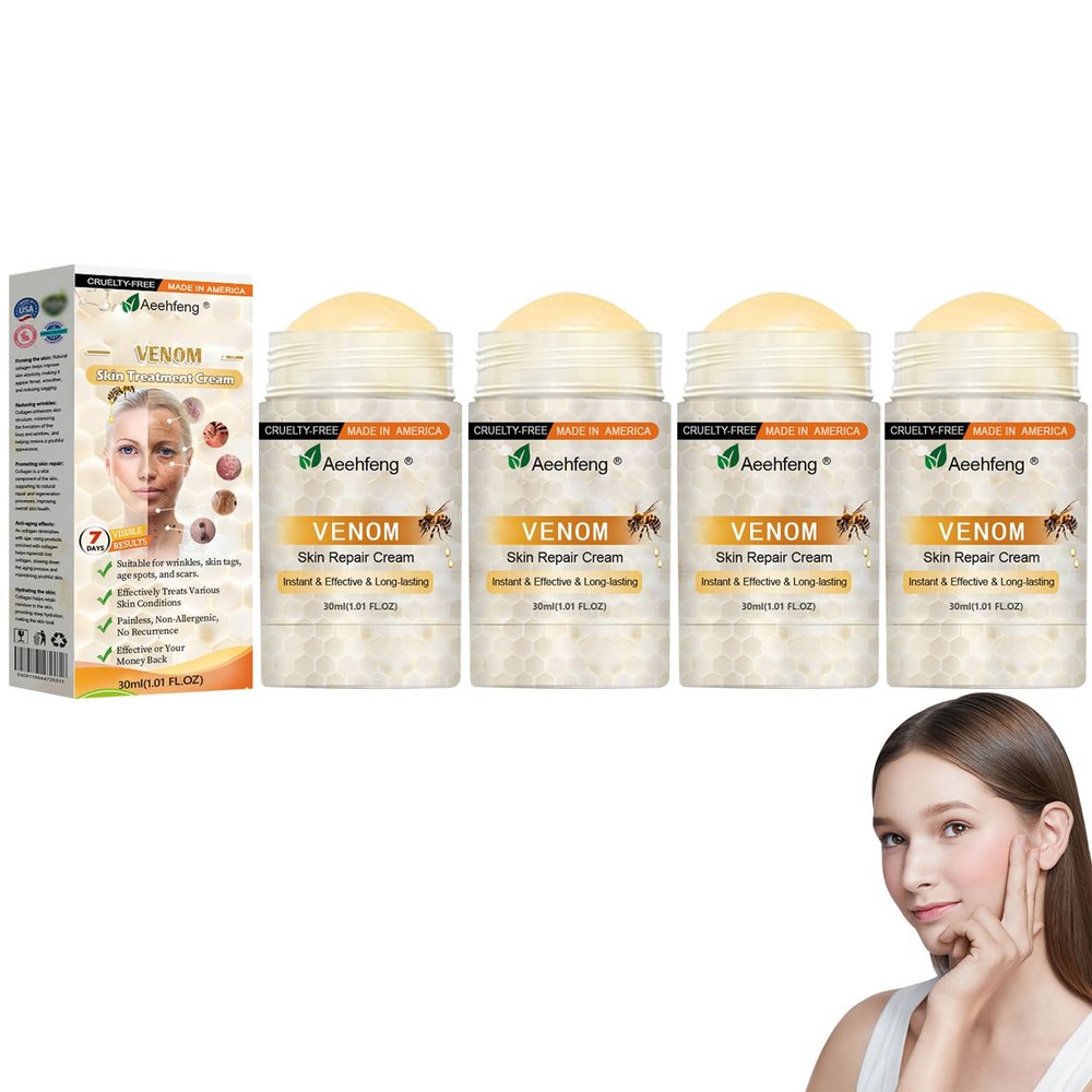 AEEHFENG Bee Venom Skin Repair Cream, Advanced Bee Venom Firming Serum Stick, Firming & Wrinkle-Reducing Cream, Hydrating, Natural Ingredients Suitable for All Skin Types (4 Bottle)