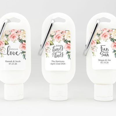 Personalized Sunscreen with Carabiner SPF 30, Custom Sunscreen for Wedding Favors, Party Favors, Garden Wedding, Pink Rose Favor, Bridal Shower Favors, Bachelorette Gift (Set of 12)