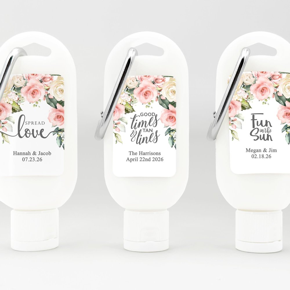 Personalized Sunscreen with Carabiner SPF 30, Custom Sunscreen for Wedding Favors, Party Favors, Garden Wedding, Pink Rose Favor, Bridal Shower Favors, Bachelorette Gift (Set of 12)