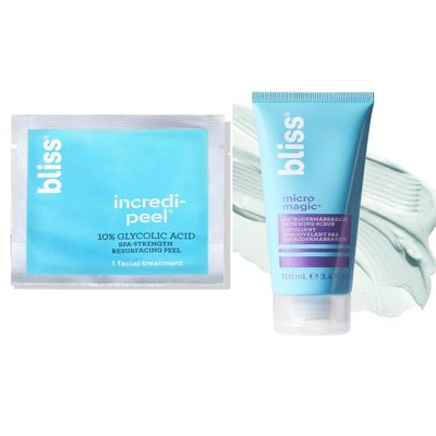 Bliss Thats Incredi-Peel Glycolic Resurfacing Pads + Micro Magic Microdermabrasion Scrub  At-Home Exfoliating Duo for Smooth, Glowing Skin  Vegan, Cruelty-Free, Travel-Friendly
