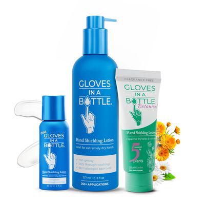 Gloves In A Bottle Non-Greasy Hand Cream  Silicone Glove Cream  Water Resistant Barrier Lotion Dry Cracked Hands  Relief for Eczema (Original 8 Oz Pump + Botanical Tube + 2 Oz)