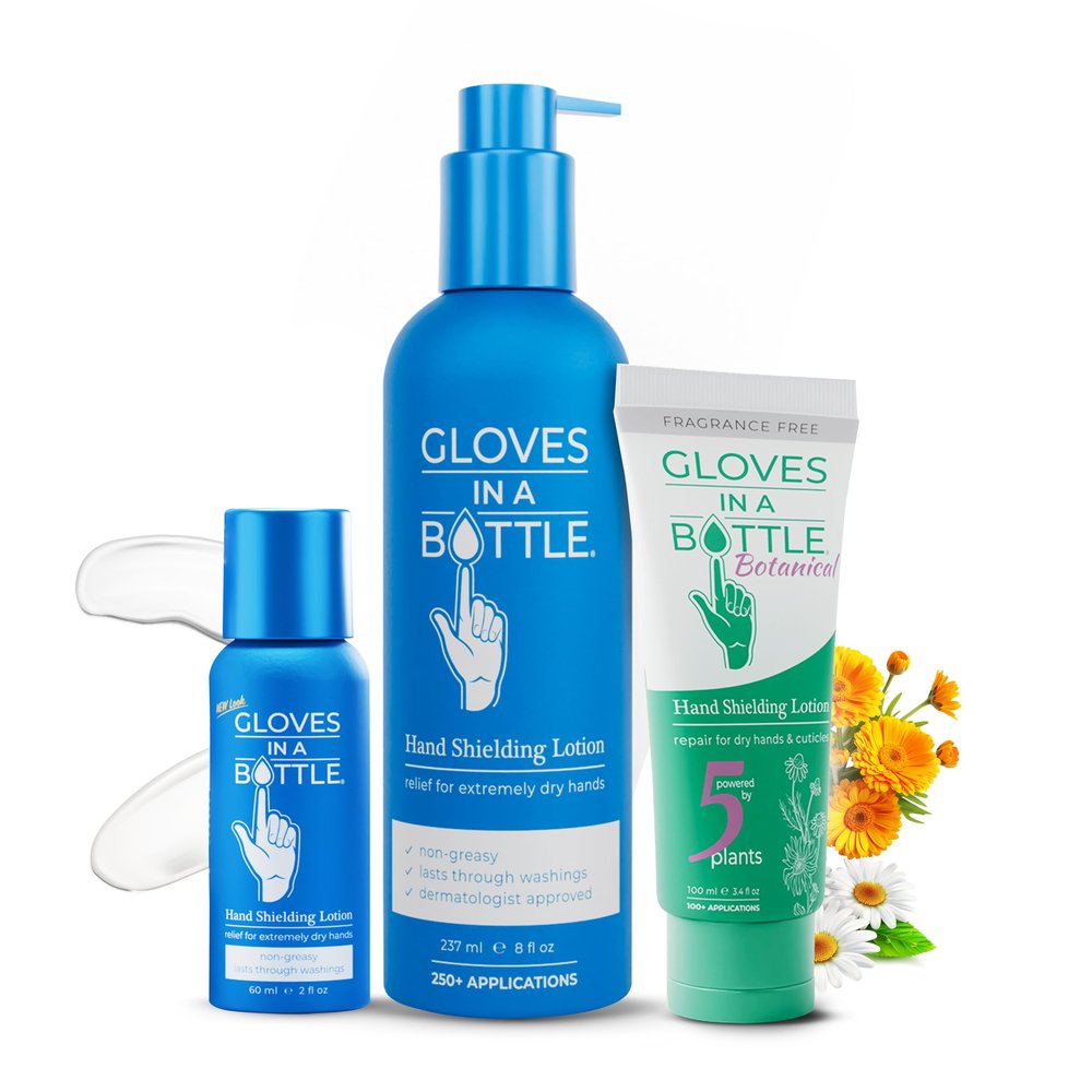 Gloves In A Bottle Non-Greasy Hand Cream Silicone Glove Cream Water Resistant Barrier Lotion Dry Cracked Hands Relief for Eczema (Original 8 Oz Pump + Botanical Tube + 2 Oz)