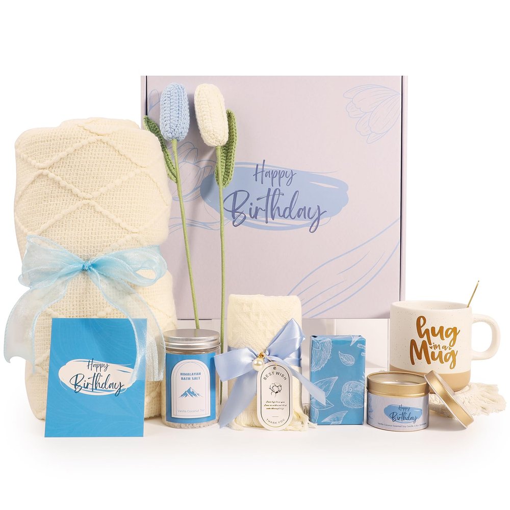 Birthday Gifts for Women, Happy Birthday Gifts for Mom, Her, Sister, Best Friend, Girlfriend, Coworker, Wife Bday Gift Ideas, Unique Relaxing Spa Birthday Gift Basket for Women Care Package w/Blanket