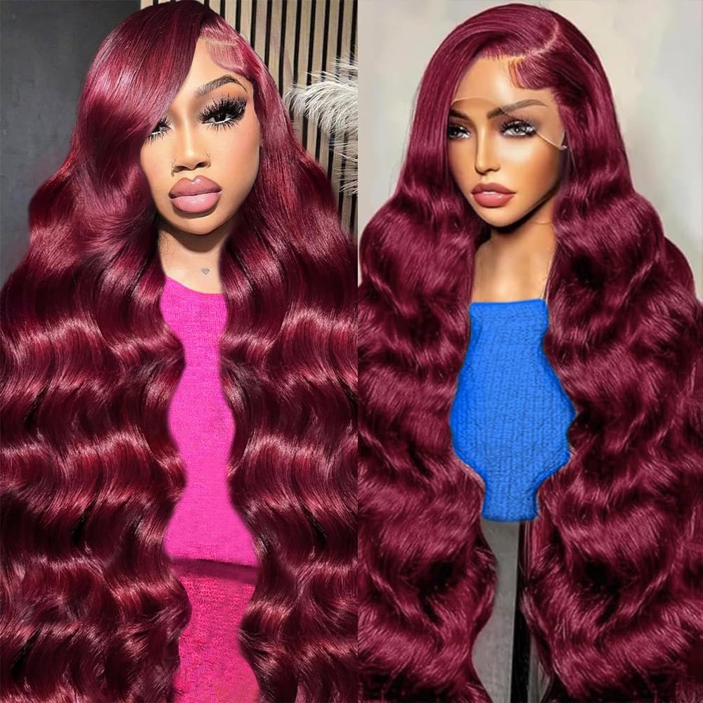 Suresen 36 Inch 99j Burgundy Lace Front Wigs Human Hair HD Transparent Body Wave 13x4 Lace Frontal Wigs 180% Density Wine Red Pre Plucked Colored Wig for Women