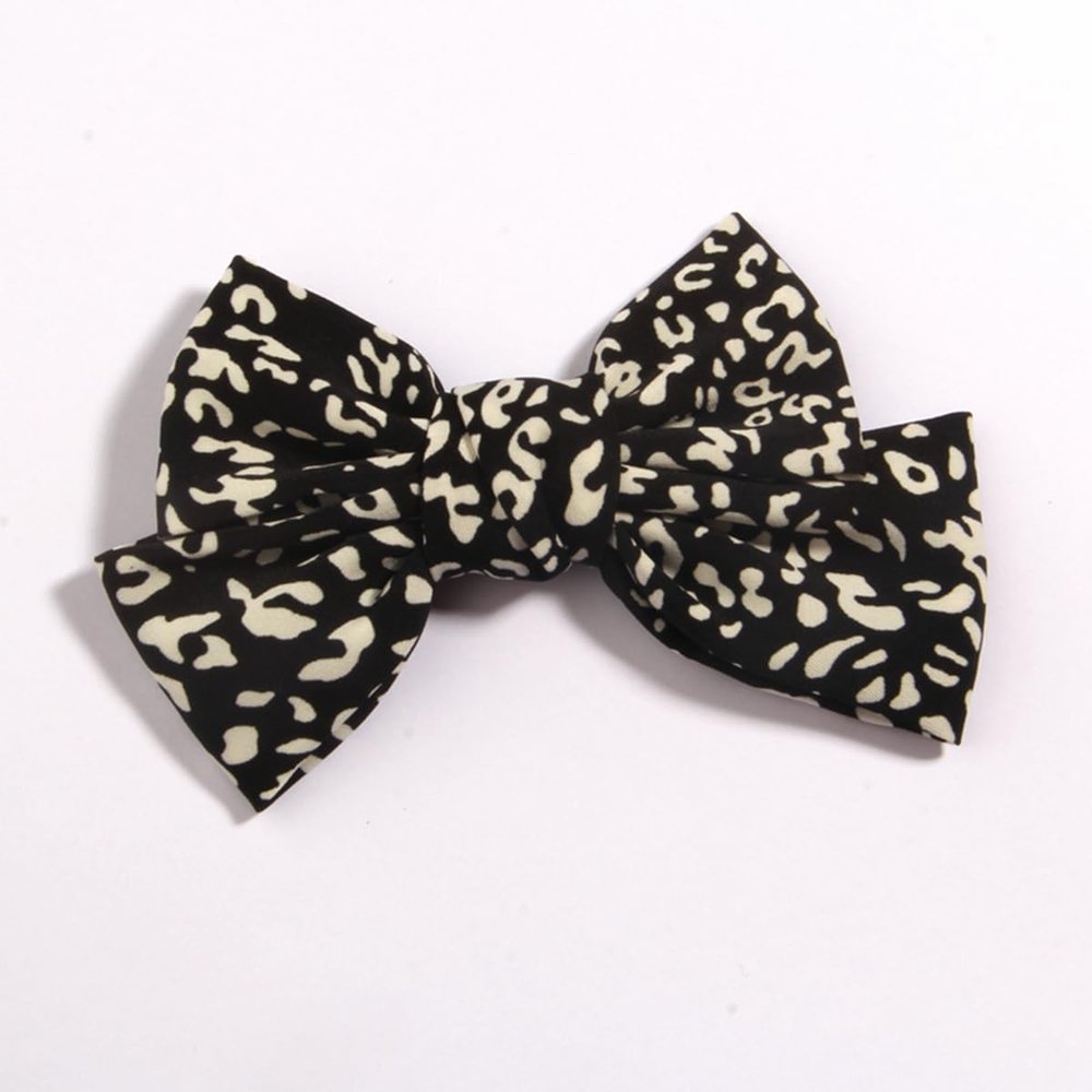 10Pcs Leopard Print Hair Bow Barrettes, 4.8 inch Chiffon Ribbon for Women Headwear Hair Accessories (10Pcs Black, With Clip)