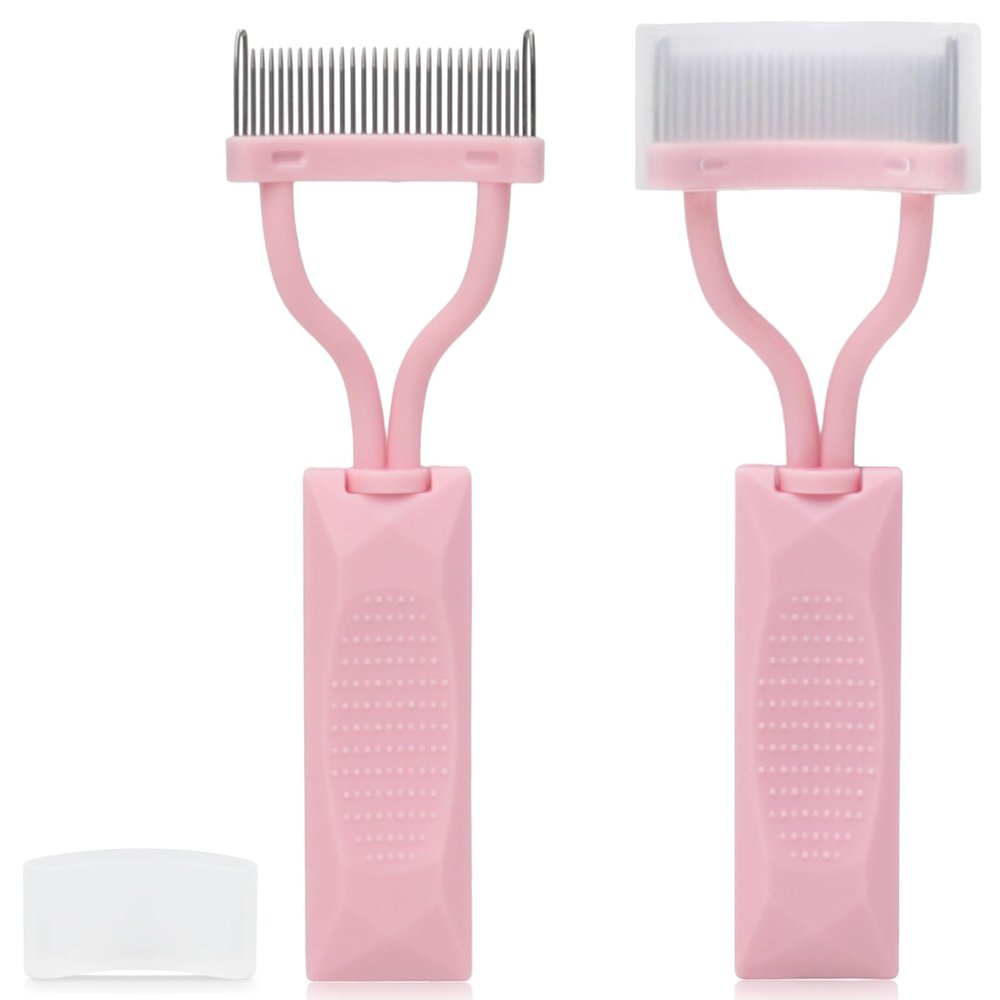 2PCS Arc-Shaped Pink Eyelash Comb  Lash Definer Mascara Separator Tool with Protective Cover