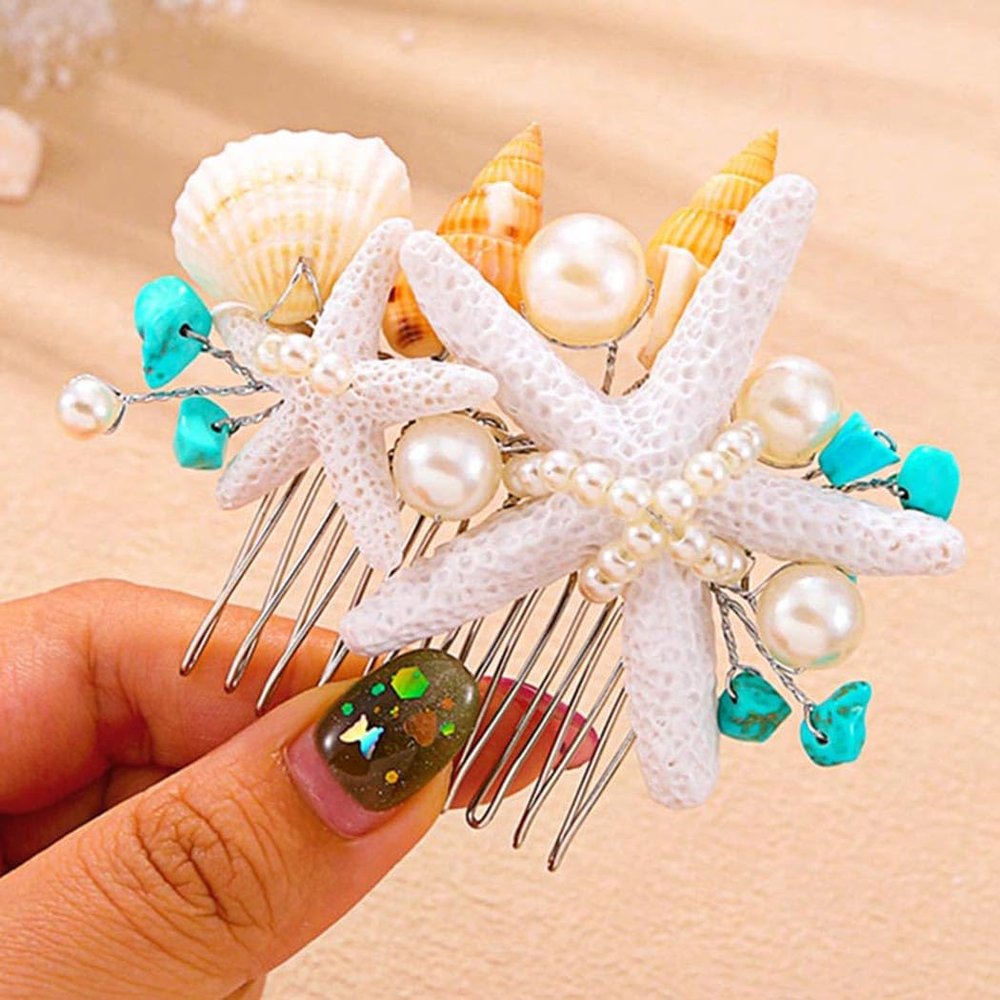 Asooll Starfish Hair Comb Silver Shell Hair Accessories Pearl Boho Bridal Hair Pieces for Women