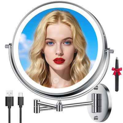 10'' 30X/1X Wall Mounted Lighted Makeup Mirror, 5000mAh Rechargeable Double-Sided Magnifying Mirror with Light, LED Vanity Mirror Touch Dimmable 3 Colors 360 Rotation Extended Foldable Arm, Chrome
