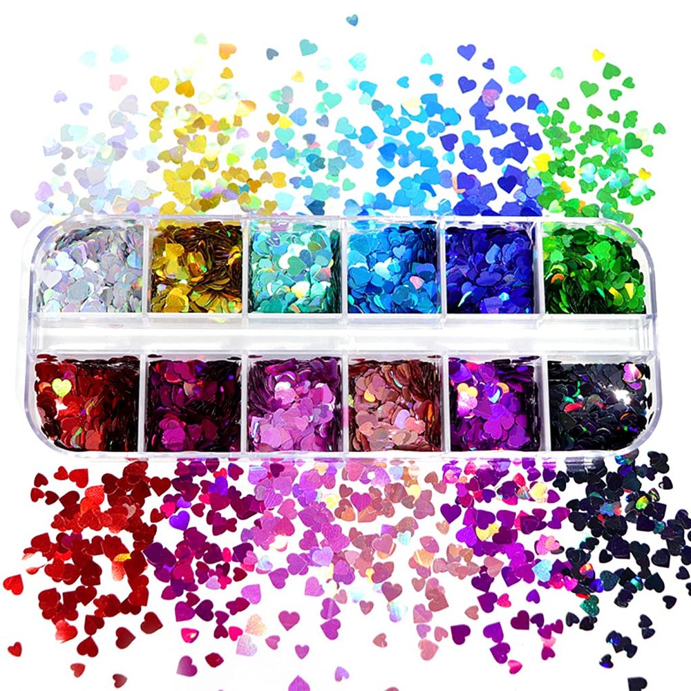 COPLKY Filler Patches 12 Grids/Box 5mm 3D Love Heart Sequins Manicure for Epoxy Resin Mold Filling Flakes