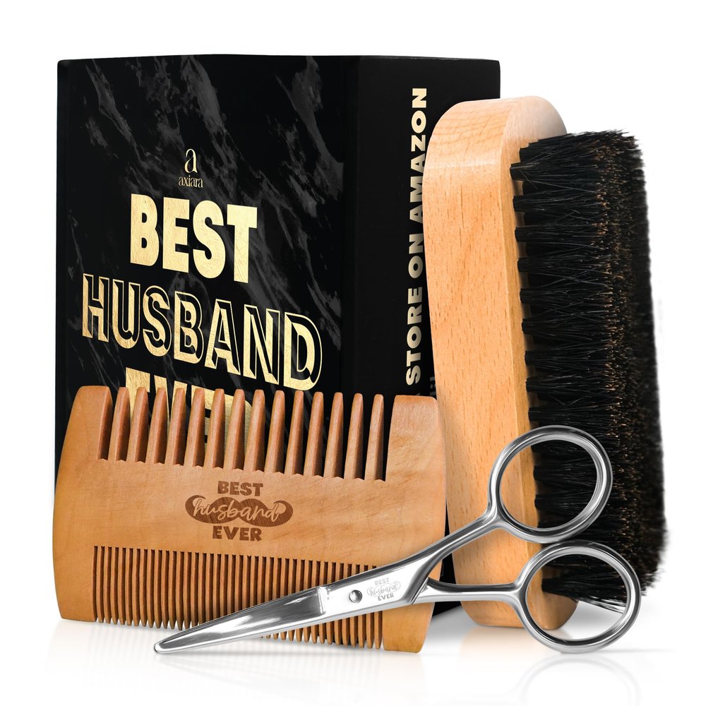 AXIARA Christmas Birthday Gifts for Husband - Beard Kit for Men Grooming and Care with Brush, Comb, Scissors & Storage Bag - Husband Birthday Gift Ideas, Gifts for Men, Christmas Stocking Stuffers