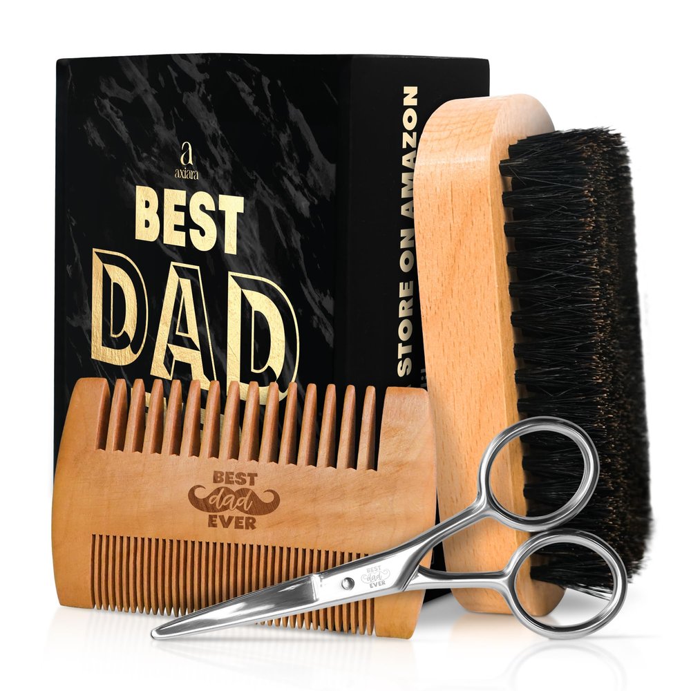 AXIARA Christmas Dad Gifts from Daughter Son - Beard Kit for Men Grooming and Care with Brush, Comb, Scissors & Storage Bag - Best Dad Ever Gifts for Dads Father Stepdad, Beard Growth Kit for Men