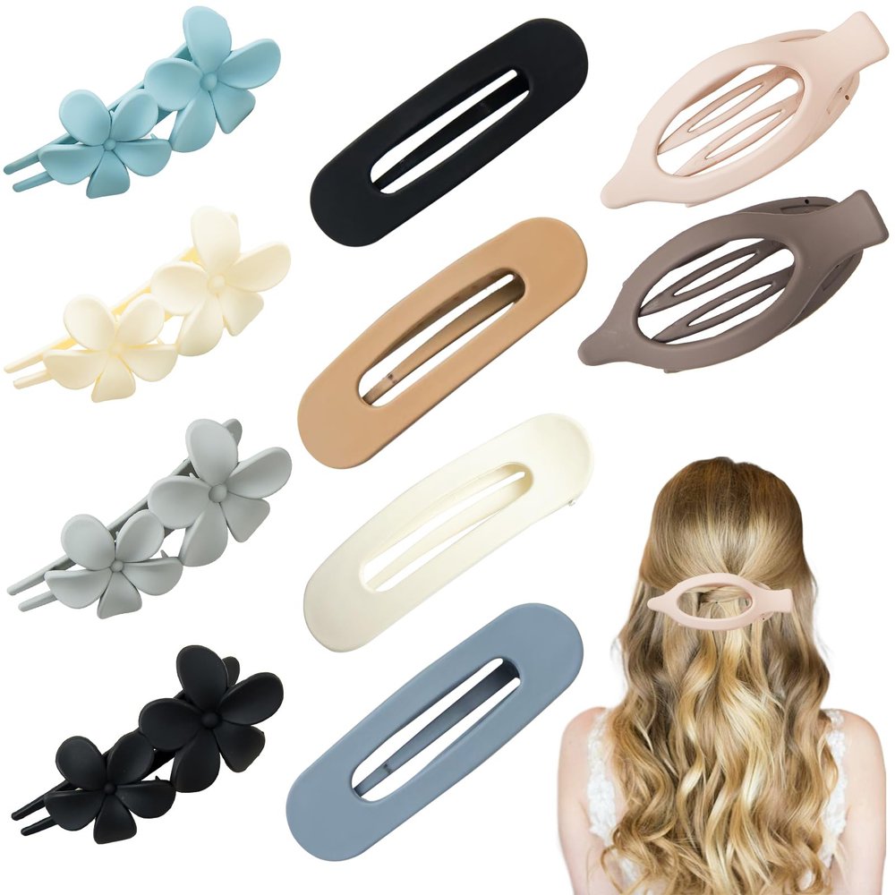 10PCS Matte Flower Hair Clips for Women - Non-Slip Lay Down Claw Clips for Thin/Thick/Curly Hair, Strong Hold for Work & Sports-3 Styles