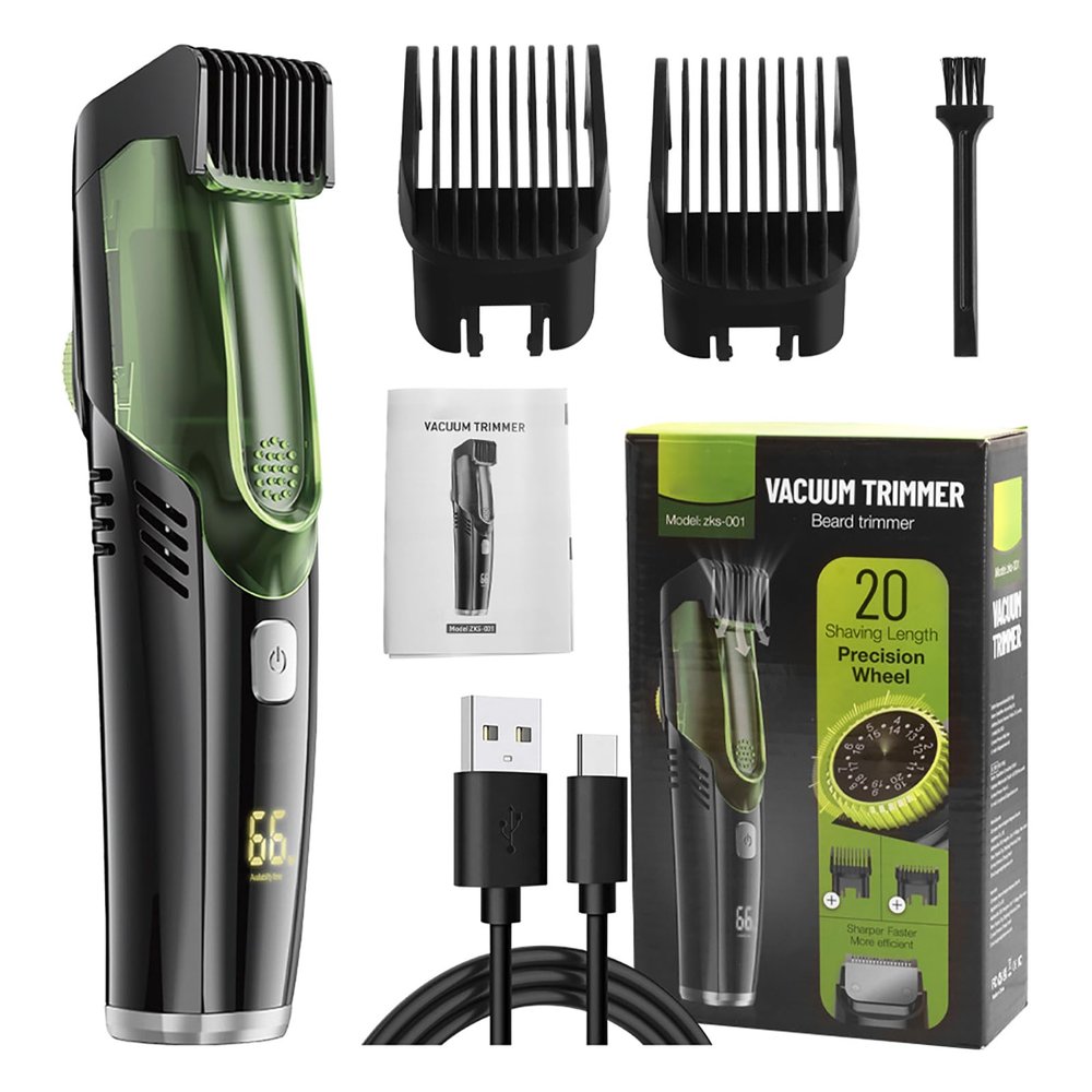 Electric Hair Clipper with Automatic Hair Suction, Professional Vacuum Beard Shaver for Men - Mustache Trimmer Barber Starter Kit, IPX6 Waterproof Rechargeable 2-in-1 Mens Compact Travel Razor (Green)