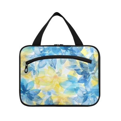 Abstract Watercolor Flower Lemon Yellow Light Blue hanging travel makeup organizer with hook, designer accessories toiletry organizer for travel must haves gym organizador de maquillaje para M