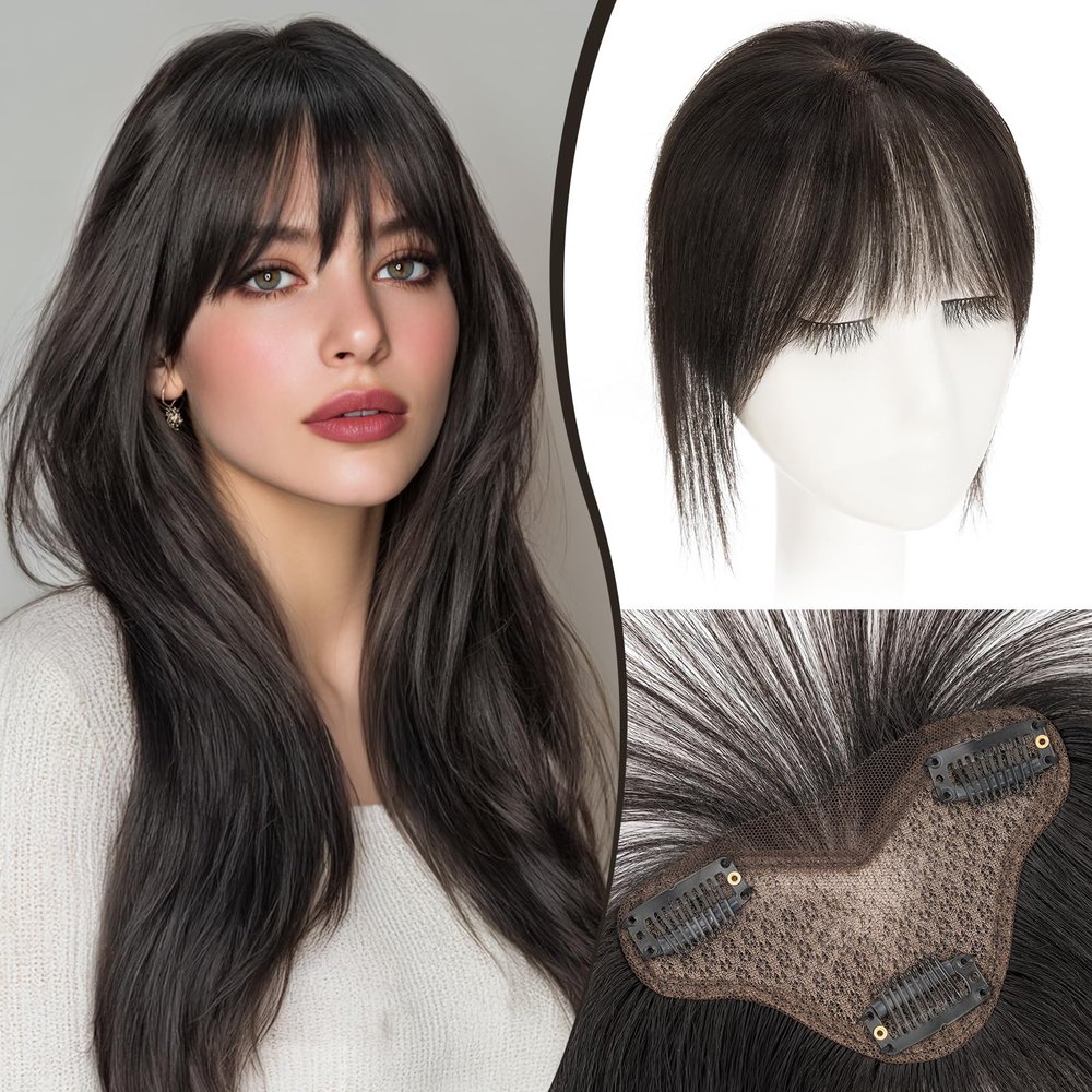 S-noilite Real Human Hair Topper with Bangs 3603D Cover Hair Toppers for Women with Wispy Bang Natural Black Clip on Bangs for Daily Wear