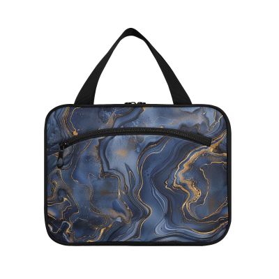 Abstract Blue and Gold Marble Pattern hanging toiletry bags for traveling with hook, designer essentials kit bag for men for accessories must haves gym estuche para brochas maquillaje M